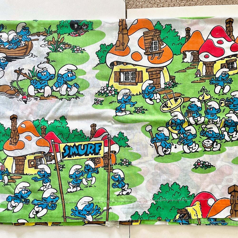 Vintage 1980s Smurf Sheet Set w Fitted Bottom + Flat Top + Pillowcase Peyo Retro - Picture 9 of 14